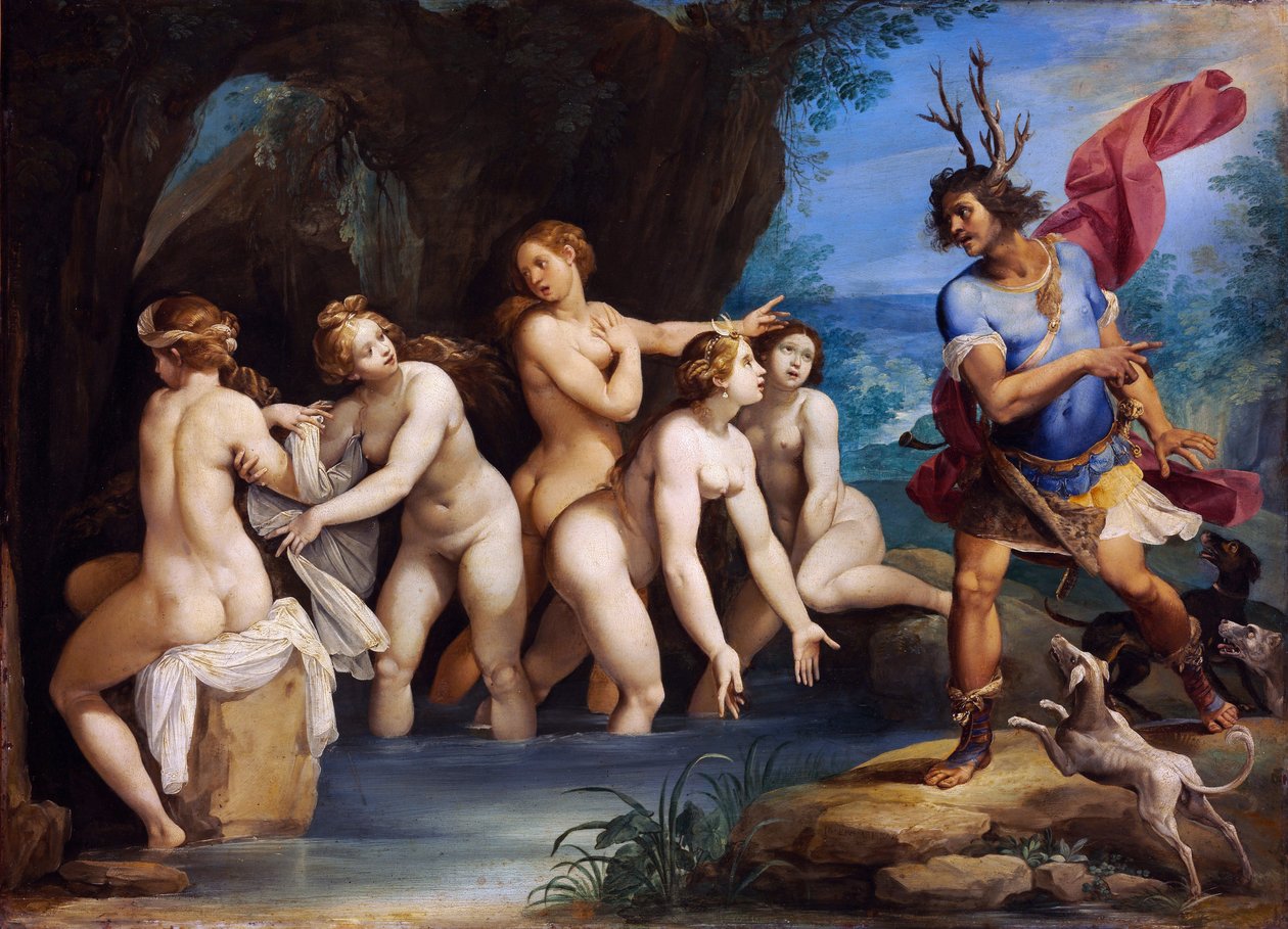 Diane et Acteon - Peinture de Giuseppe Cesari (1568-1640), huile sur cuivre, vers 1604, 50x69 cm - Diana y Actaeon, Óleo sobre cobre de Giuseppe Cesari - Szepmuveszeti Muzeum, Budapest, Hungría de Giuseppe Cesari