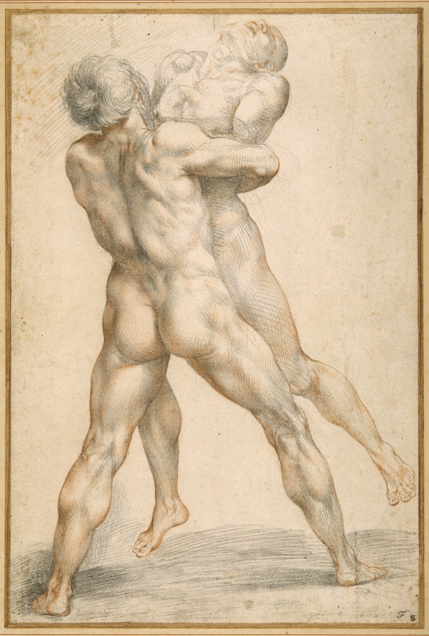 Hércules luchando con Anteo (tizas negras y rojas sobre papel blanco) de Giuseppe Cesari