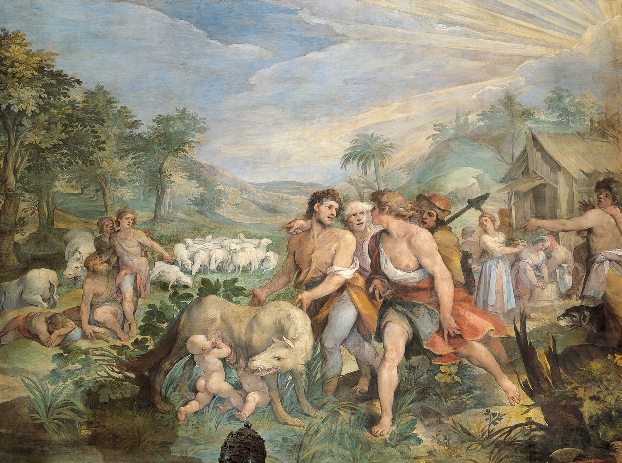 Rómulo y Remo, amamantados por la loba, encontrados por Faustulus en las orillas del Tíber, por Giuseppe Cesari (1568-1640), fresco, Sala de los Horacios y Curiacios, Palacio de los Conservatorios, Roma, Reino Romano, Italia de Giuseppe Cesari