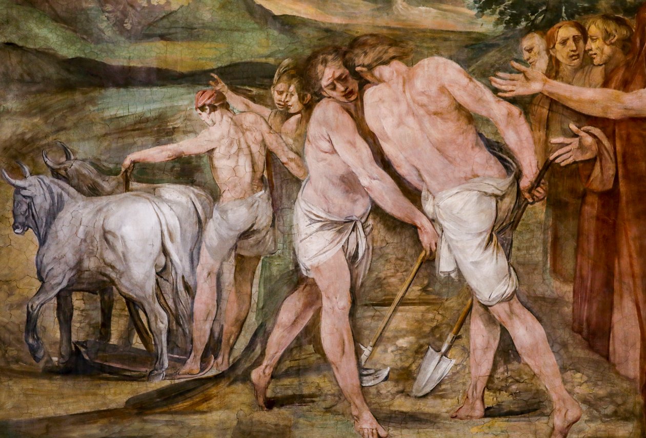 Rómulo ara la línea de demarcación de la futura ciudad de Roma (detalle) de Giuseppe Cesari