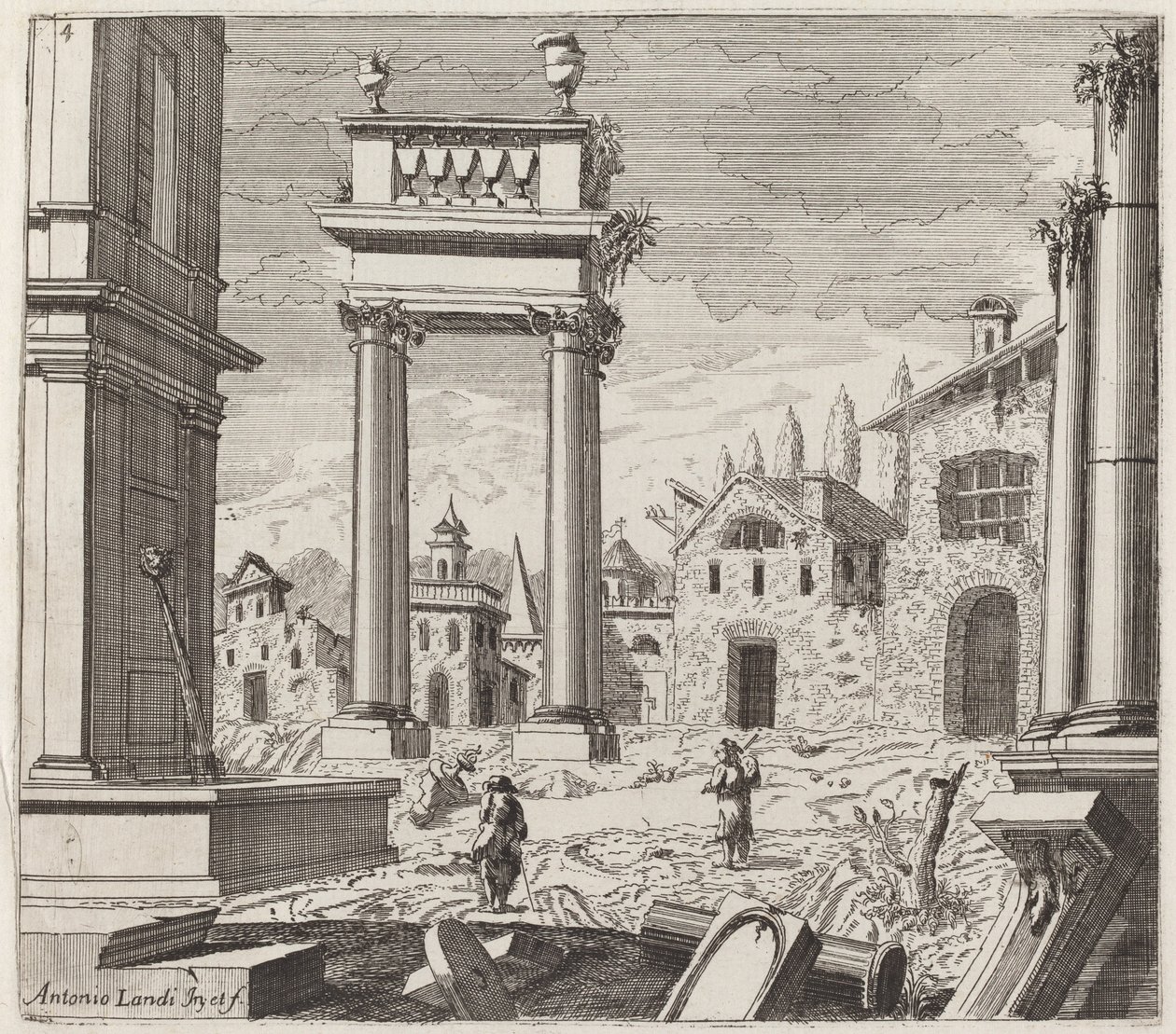 Fantasía arquitectónica con ruinas clásicas y edificios vernáculos de Giuseppe Antonio Landi