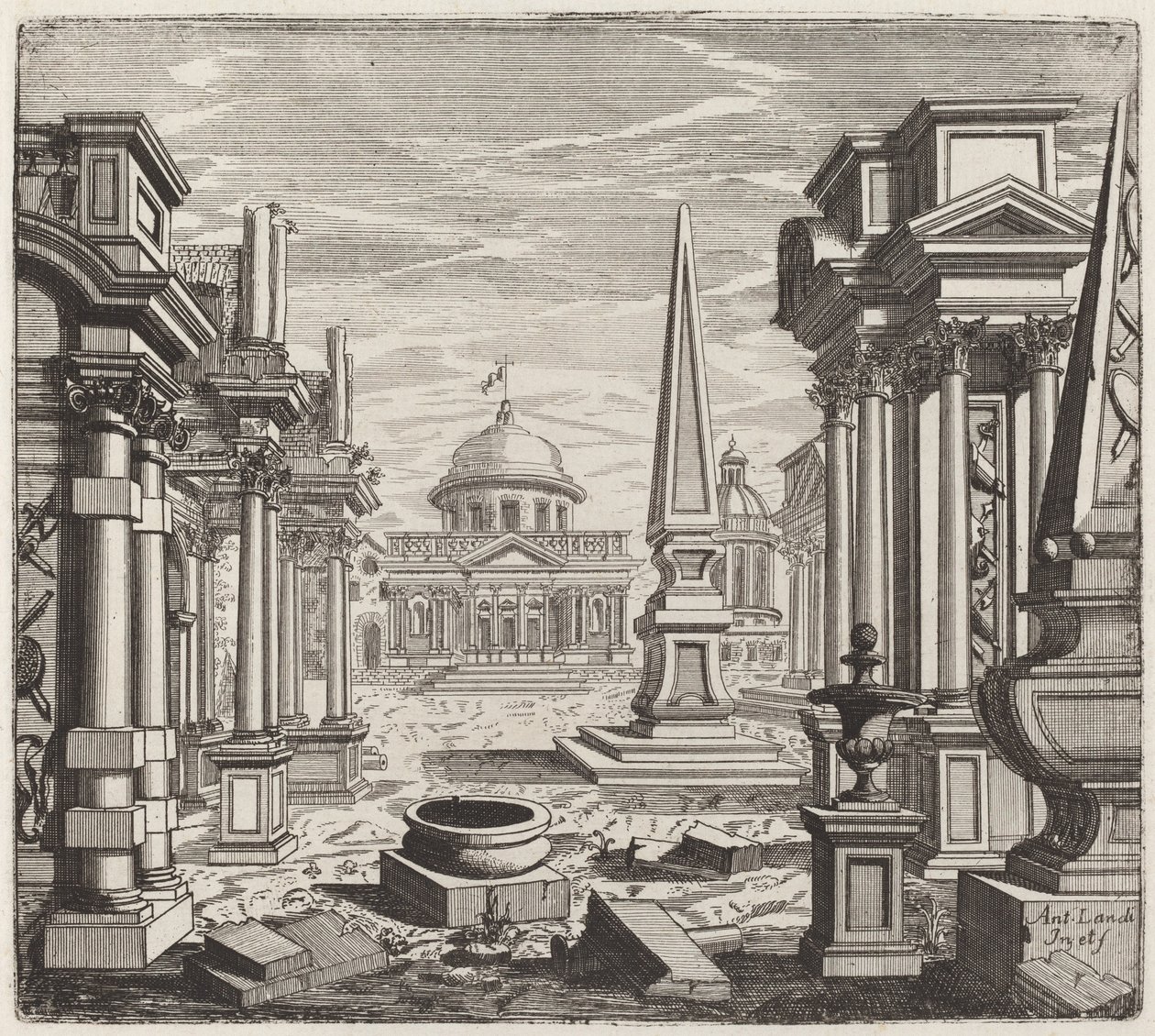 Fantasía arquitectónica con obeliscos, ruinas y una plaza de Giuseppe Antonio Landi