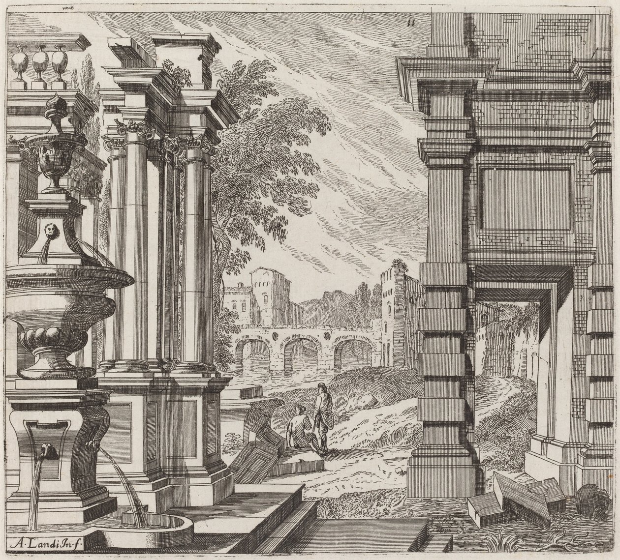 Fantasía Arquitectónica con una Fuente, Ruinas Clásicas y un Puente de Giuseppe Antonio Landi