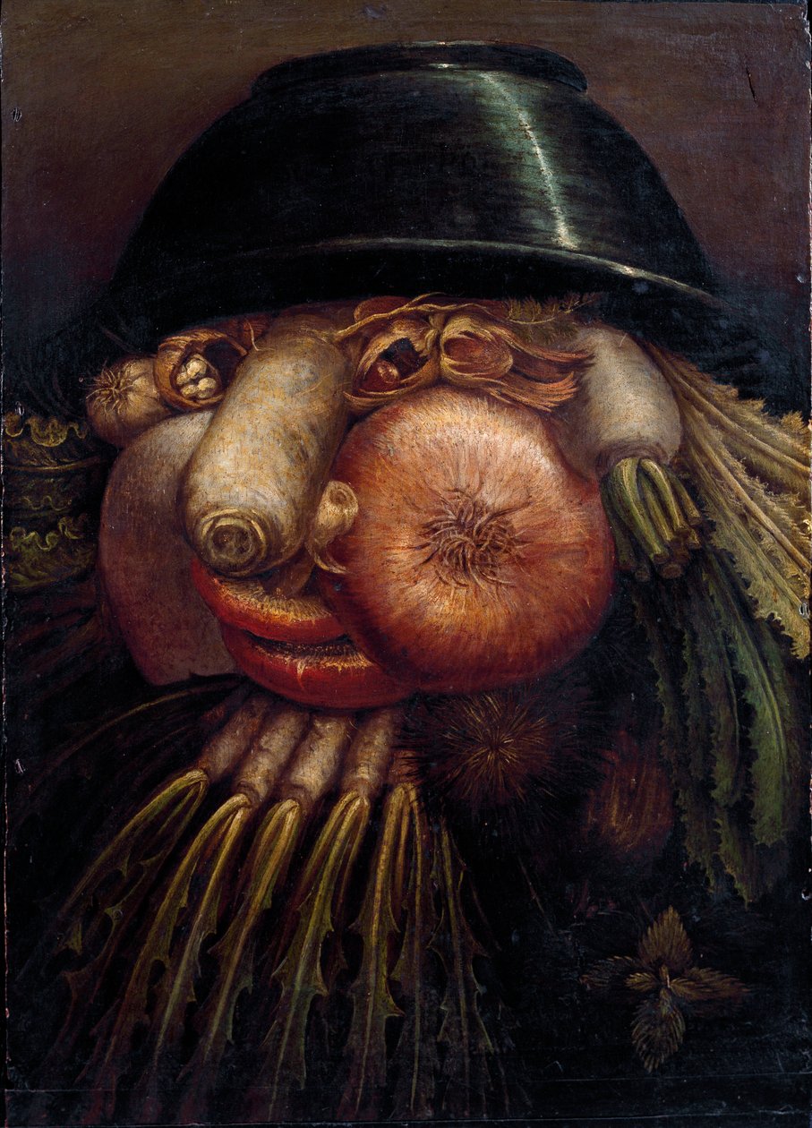 Retrato con vegetales (El Maraicher). Entre los vegetales y frutas representados: nueces, rábano, champiñón, ajo, castaña, cebolla, ensalada, avellana y nabo. de Giuseppe Arcimboldo