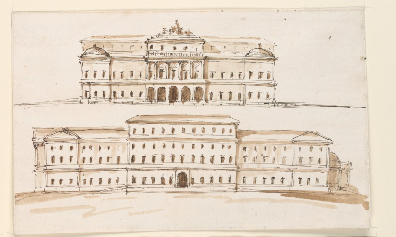 Dos elevaciones de la parte central de un palacio de Giuseppe Barberi