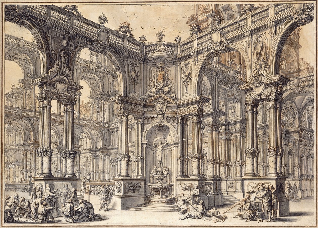 El pórtico de un palacio italiano con una fuente decorada con una estatua de la Fortuna de Giuseppe Bibiena