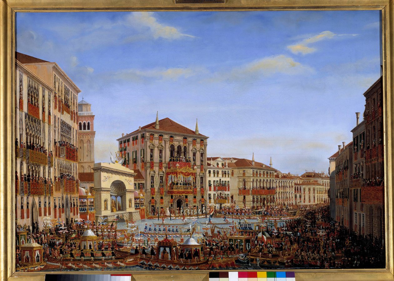 Visita de Napoleón I a Venecia del 28 de noviembre al 8 de diciembre de 1807: El emperador presidiendo las regatas en el Gran Canal desde el balcón del Palacio Baldi, llega de la carrera, 2 de diciembre de 1807 de Giuseppe Borsato