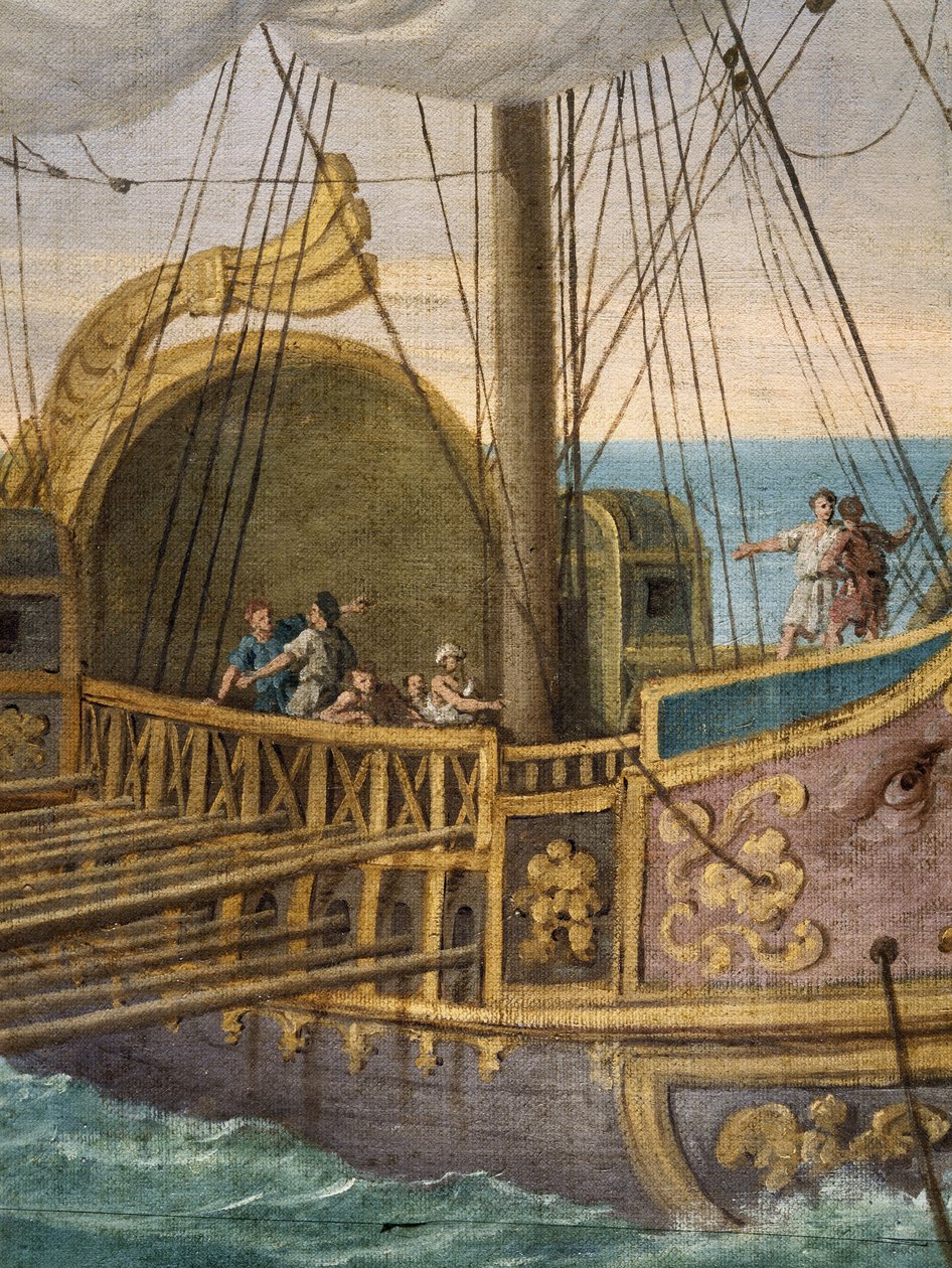 Santa Paula (Santa Paola Romana, 347-406,) partiendo hacia Tierra Santa, detalle de la barca. Viuda a los 33 años, siguió a san Jerónimo y partió con su hija santa Eustoquia en peregrinación con él en 385 hacia los Santos Lugares. Pintura de Giusep de Giuseppe Bottani