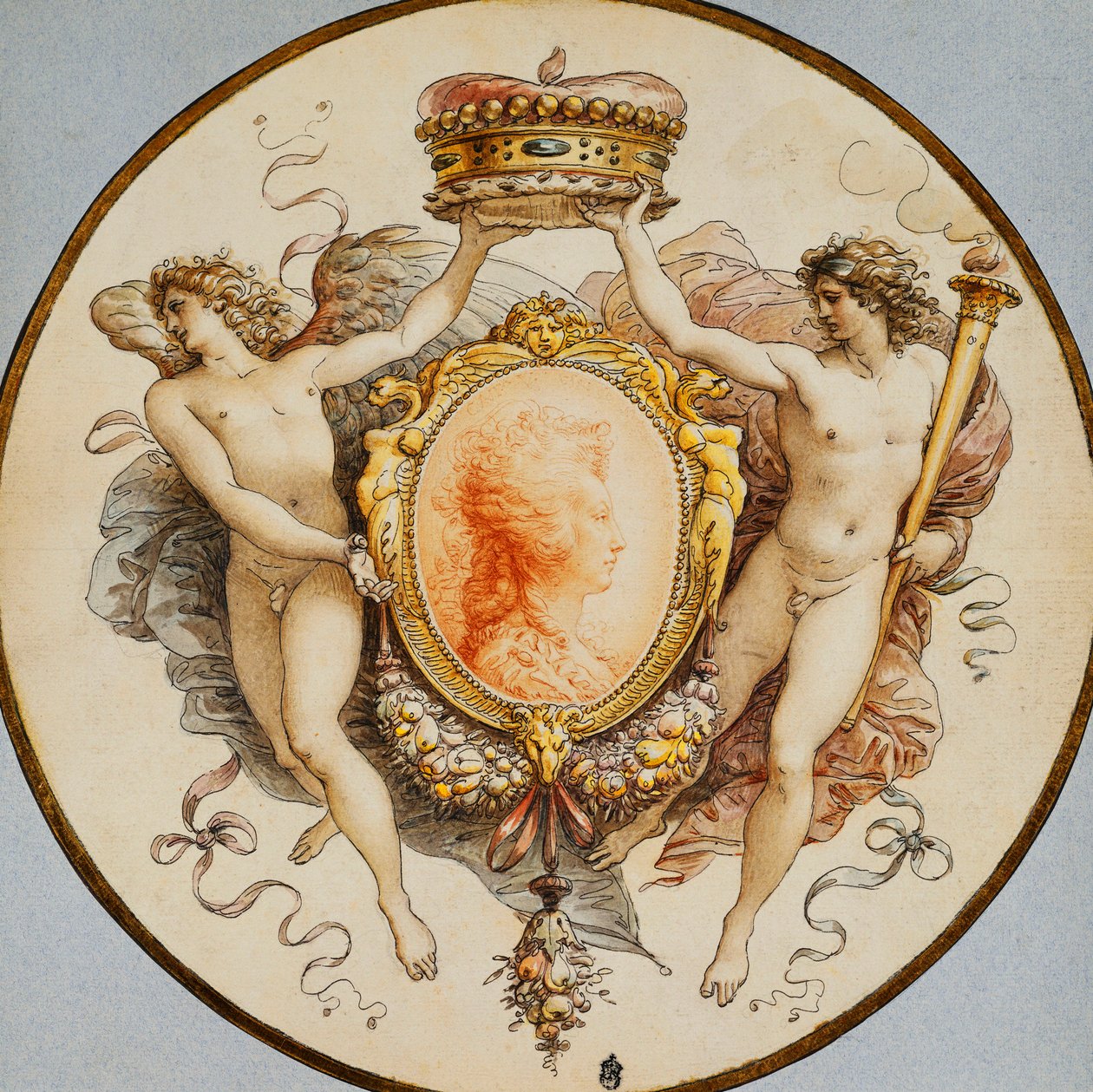 Un Retrato Oval de una Mujer de Perfil con un Borde Decorativo de Grotescos y Guirnaldas, con Figuras Alegóricas de la Fama y la Victoria Sosteniendo una Corona de Giuseppe Cades