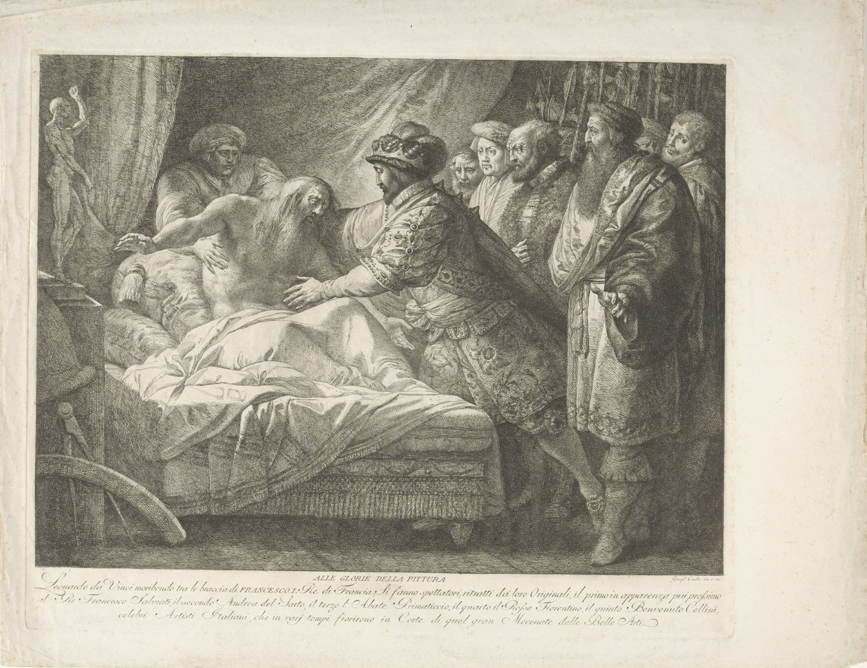 El rey Francisco I con el moribundo Leonardo da Vinci All Glory della pittura (título sobre el objeto) de Giuseppe Cades