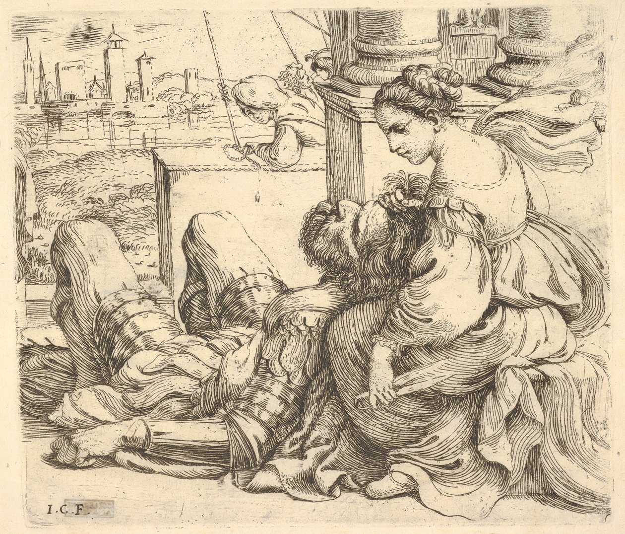 Dalila sosteniendo el cabello de Sansón y un par de tijeras, 1620-30 de Giuseppe Caletti