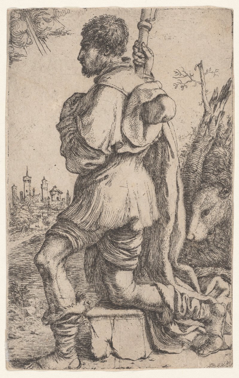 San Roque, arrodillado en una piedra, visto de lado con su perro detrás de él..., 1620-30 de Giuseppe Caletti