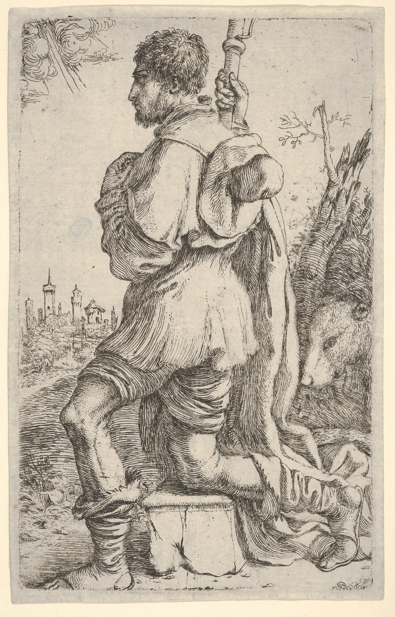 San Roque, arrodillado en una piedra, visto de lado con su perro detrás de él y una ciudad, 1620-30 de Giuseppe Caletti
