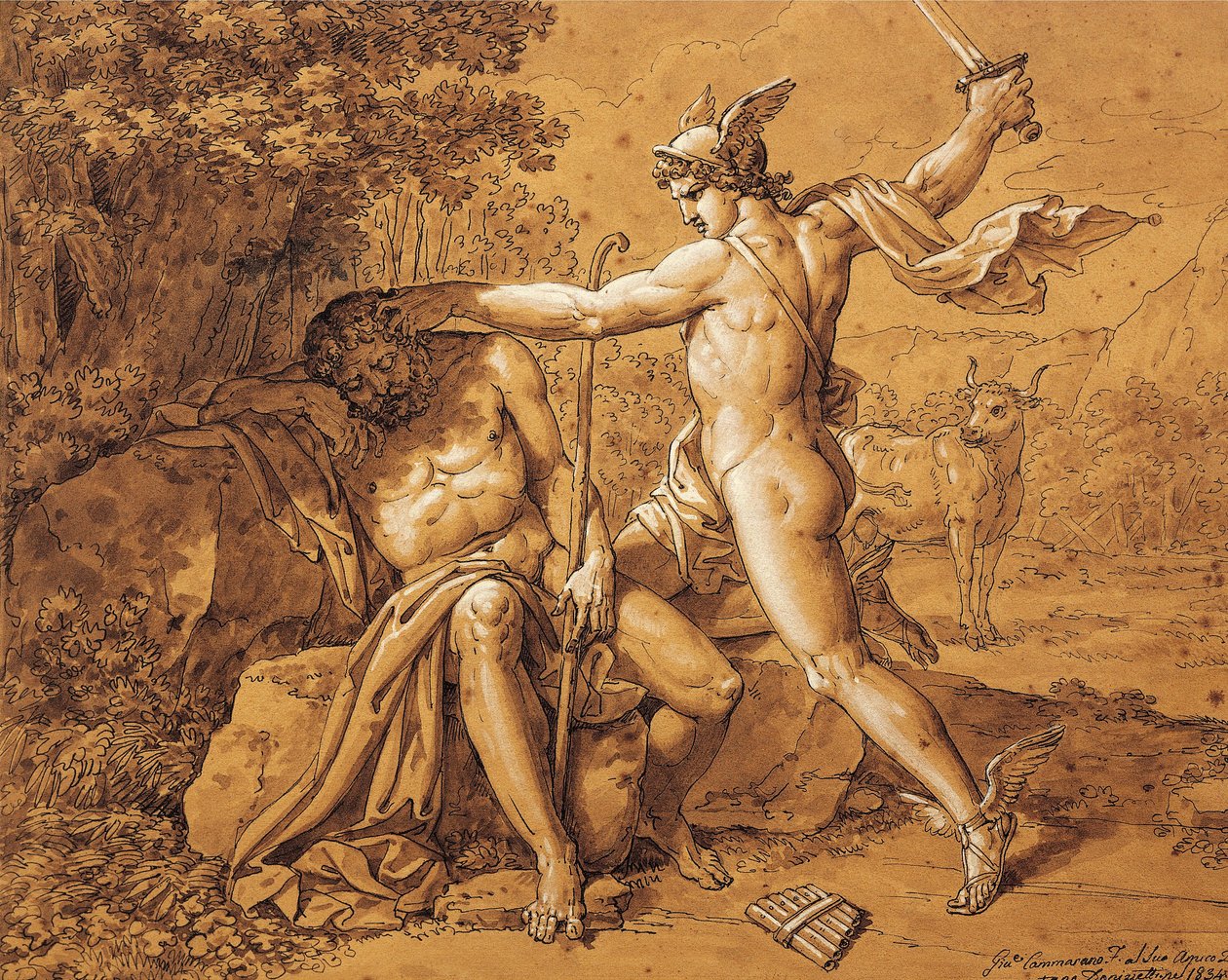 Italia, Mercurio matando a Argo para rescatar a la ninfa (Mercurio uccide Argo per salvare la ninfa) de Giuseppe Cammarano (1766-1859) regalado por el artista a Gaetano Donizetti, dibujo de Giuseppe Cammarano