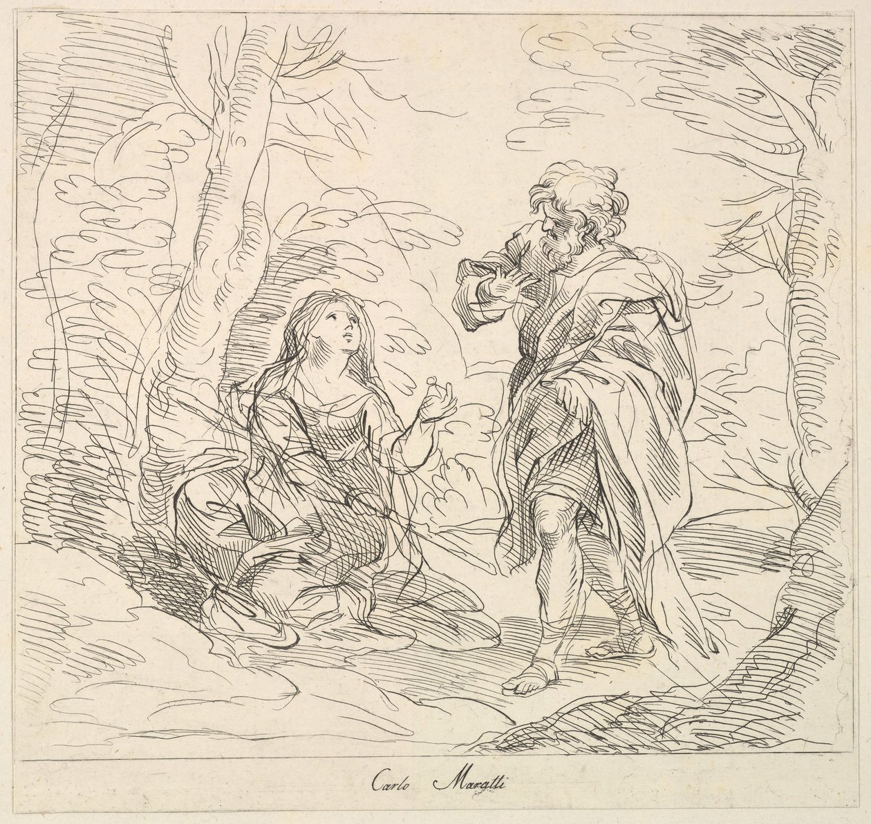 Mujer sentada y hombre barbudo en un paisaje, 1740-1802 de Giuseppe Canale