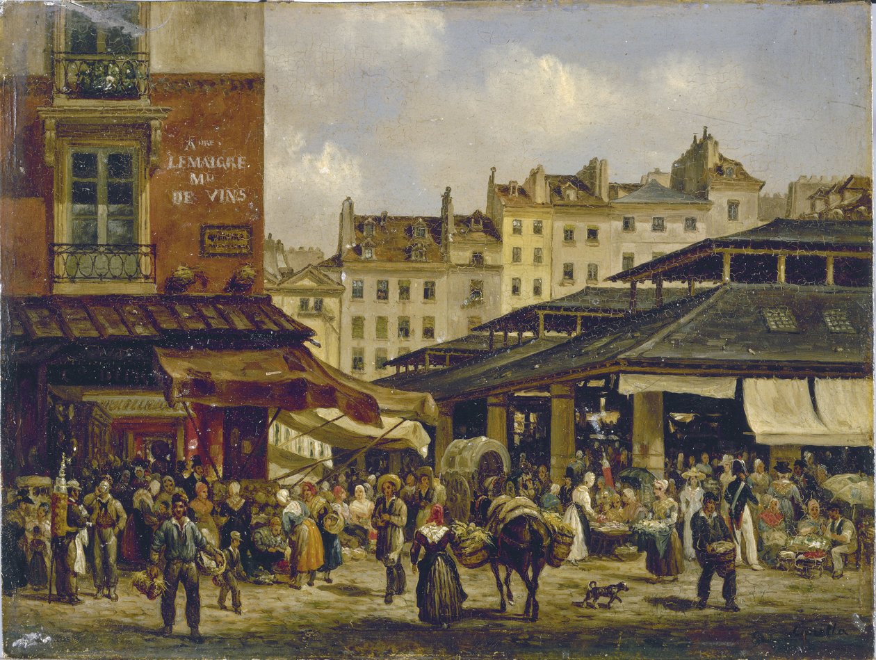 Les Halles y Rue de la Tonnellerie, c.1828 (óleo sobre lienzo) de Giuseppe Canella