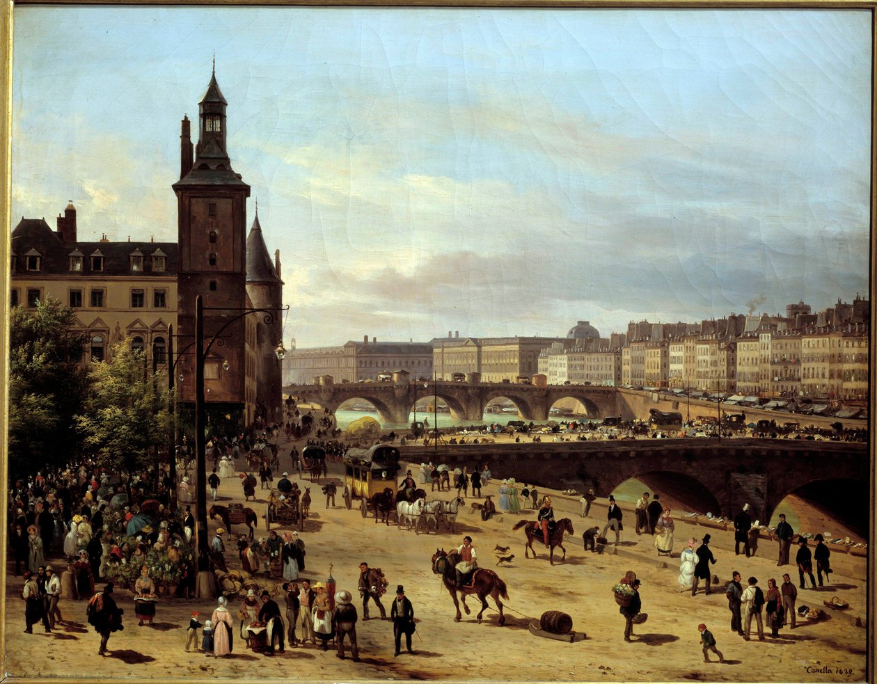 Vista del Paseo de las Flores, Torre del Reloj, Pont au Change y Pont-Neuf en París de Giuseppe Canella