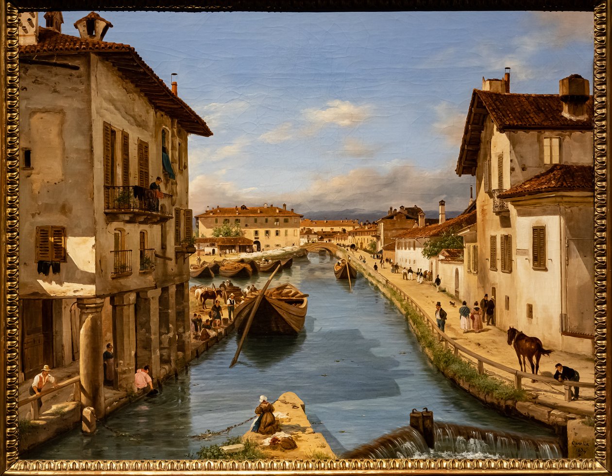 Vista del Canal del Naviglio desde el puente de San Marcos, c.1850 (óleo sobre lienzo) de Giuseppe Canella