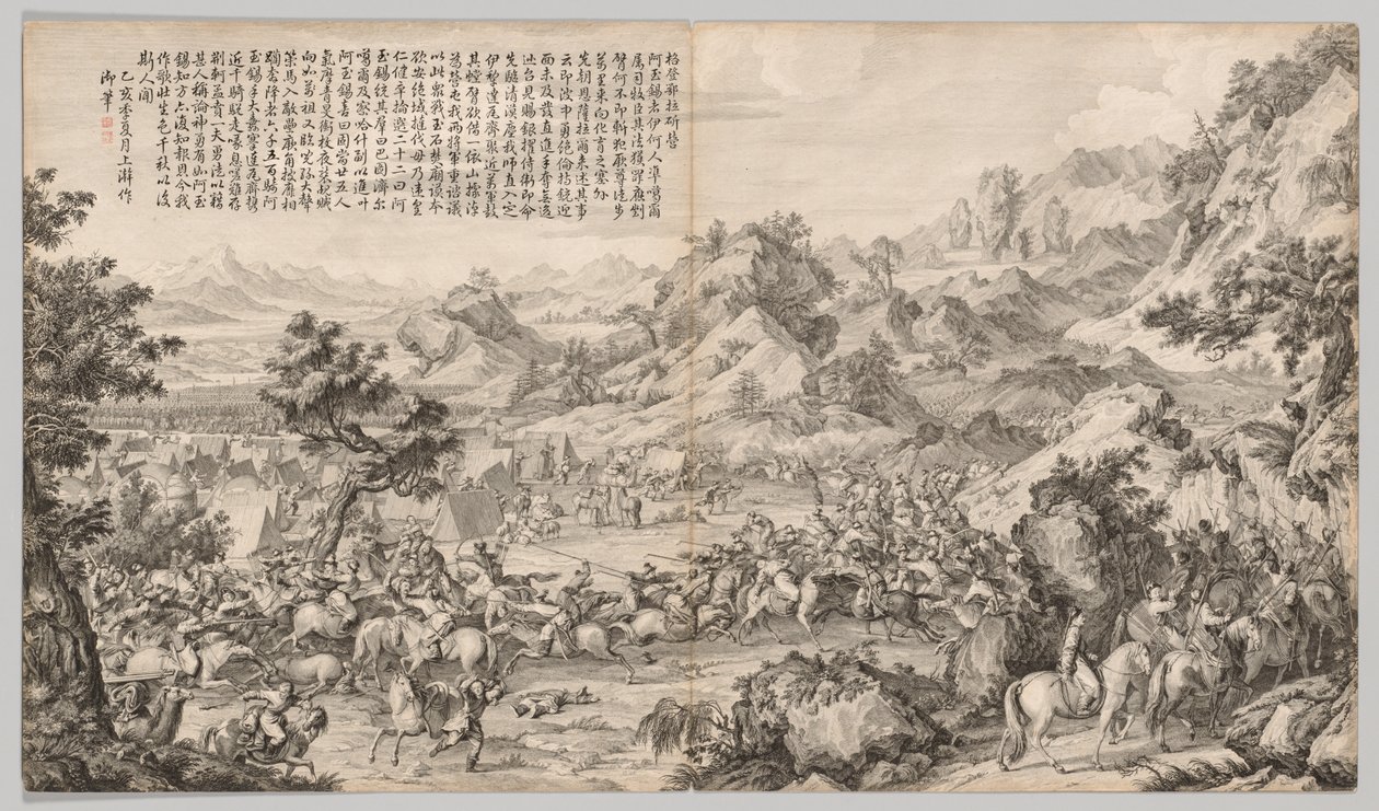 Atacando el Campamento en Gatan Ola: de Escenas de Batalla de la Supresión de Rebeliones..., c. 1765-1774 de Giuseppe Castiglione