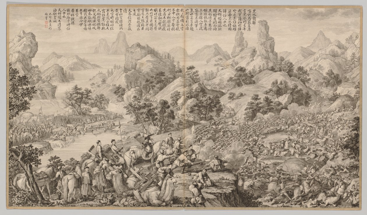 Rompiendo el asedio en Hesui: de Escenas de batalla de la represión de rebeliones..., c. 1765-17 de Giuseppe Castiglione