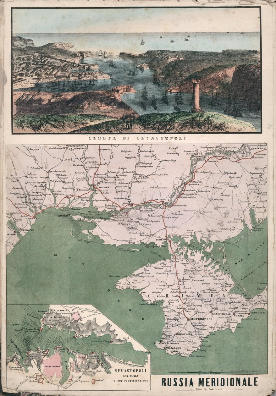 Mapa del sur de Rusia con vista de la bahía de Sebastopol y sus fortificaciones, 1853 de Giuseppe Civelli