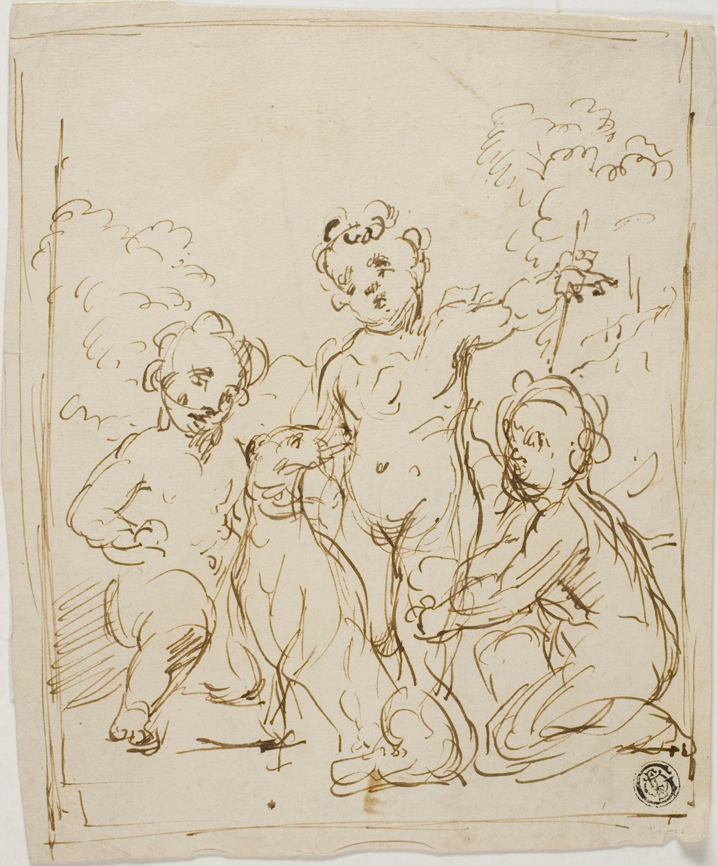 Tres putti y un perro en un paisaje de Giuseppe Diamantini