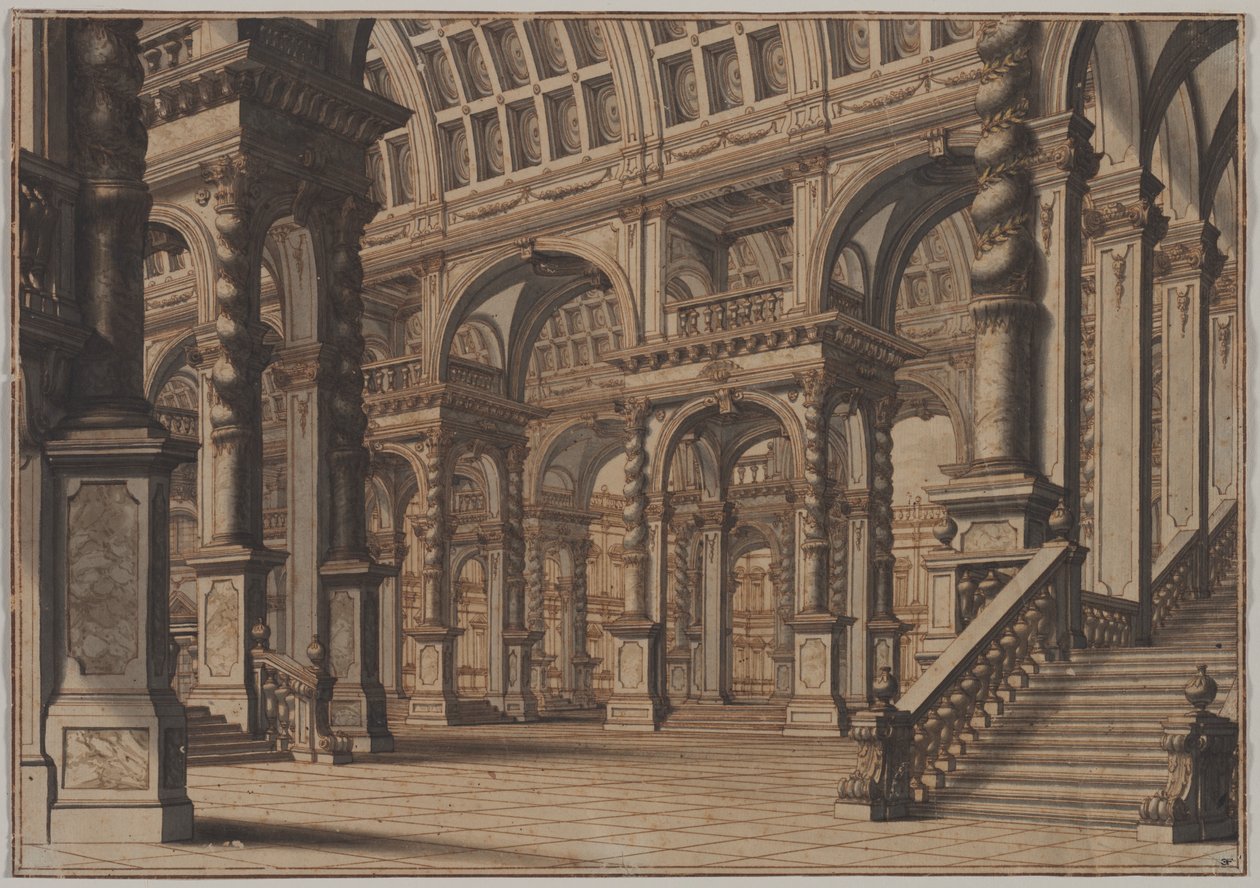 Sala abovedada monumental con escalera de Giuseppe Galli Bibiena