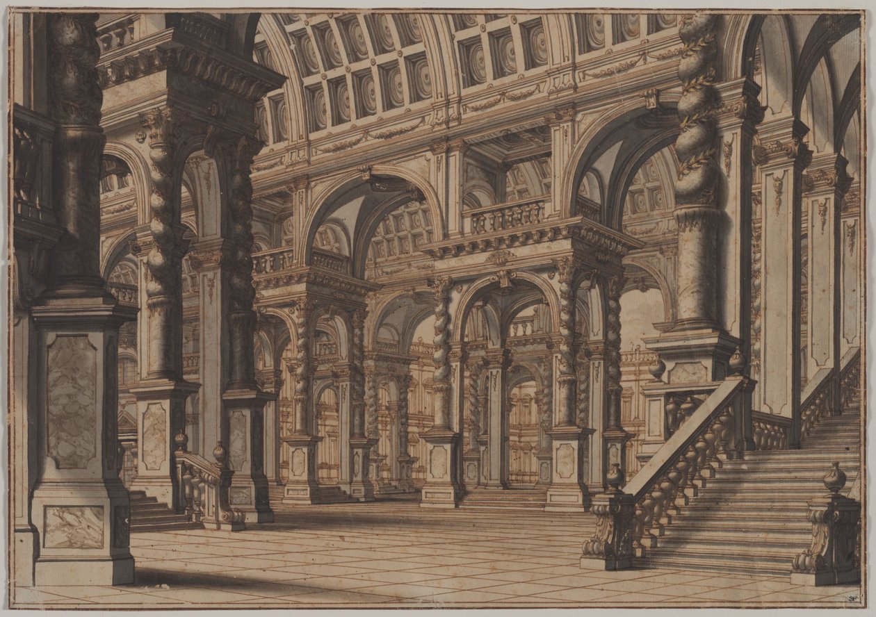 Sala abovedada monumental con escalera de Giuseppe Galli Bibiena