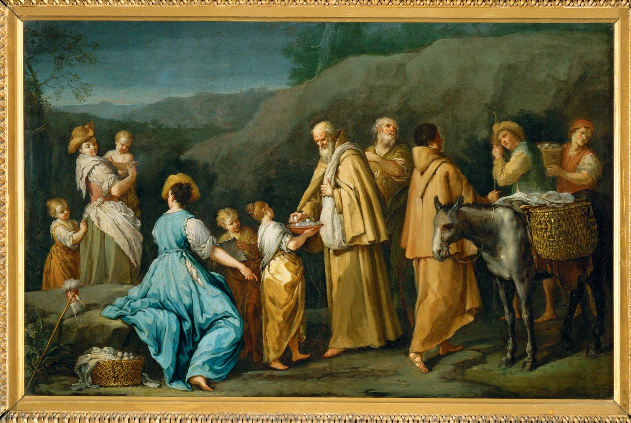 Religieux queteurs a qui une jeune fille donne des oefs - Frailes mendicantes a los que una niña ofrece huevos ... de Giuseppe Gambarini