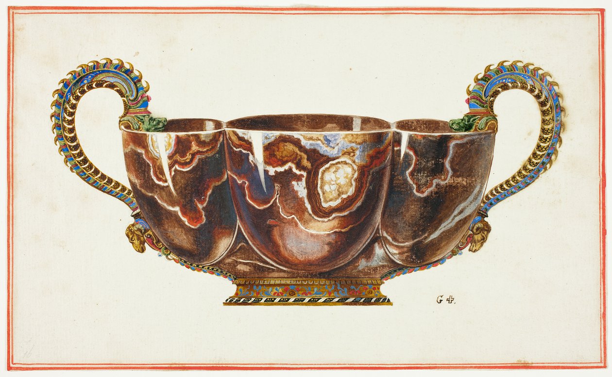 Lavabo con asas esmaltadas, decorado con cabezas de dragón y carnero de Giuseppe Grisoni