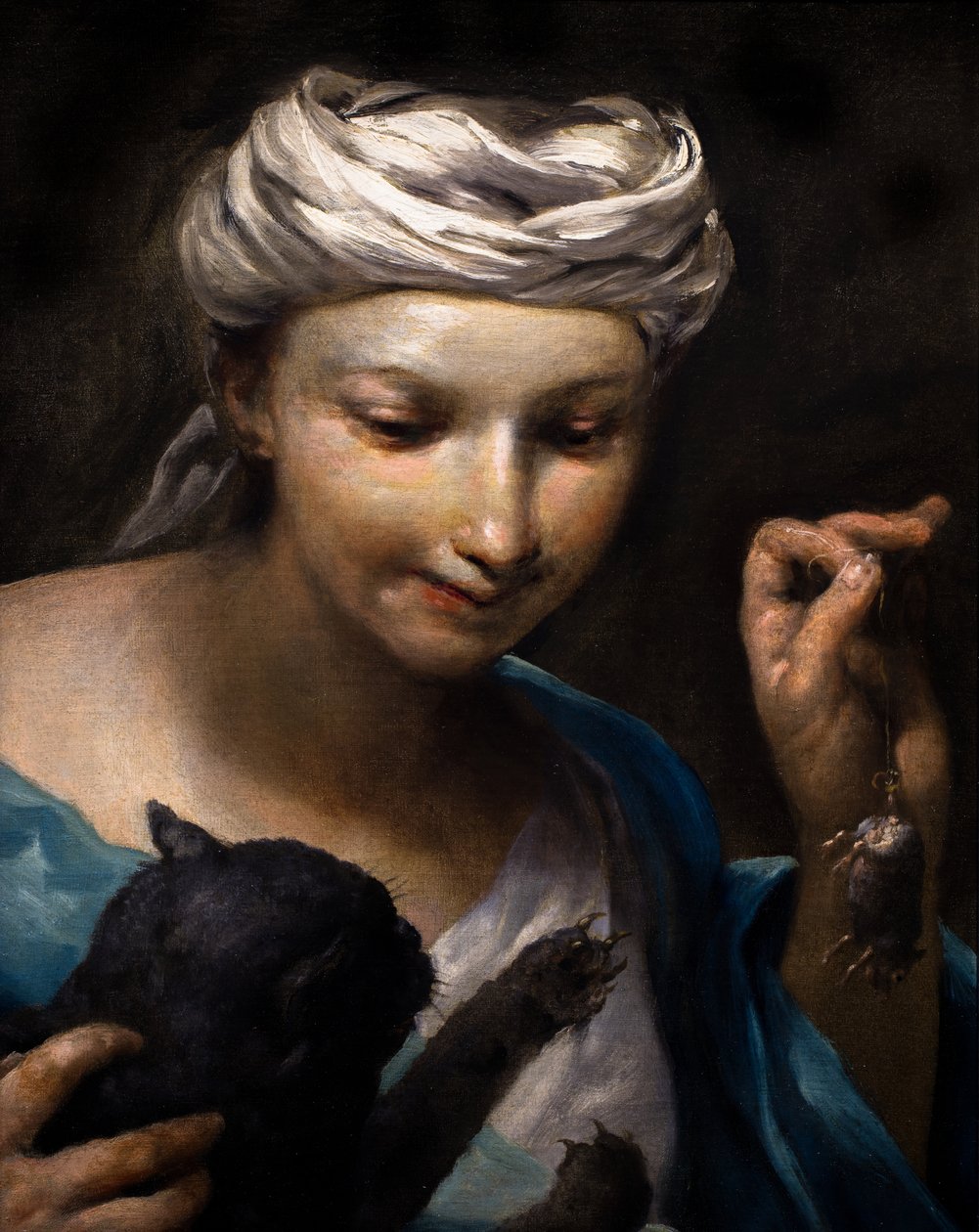 Niña jugando con un gato y un ratón muerto (detalle) de Giuseppe Maria (1665 1747) Crespi