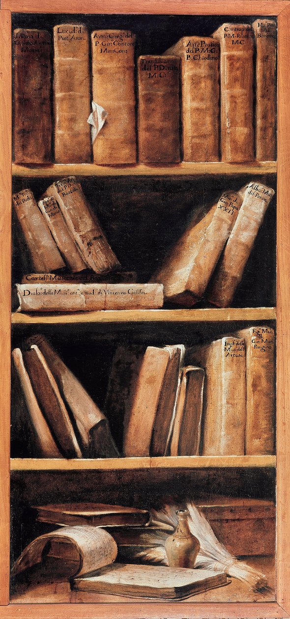 Naturaleza muerta con biblioteca y libros de música. Pintura de Giuseppe Maria Crespi dit lo Spagnolo (el Español) (1665-1747) 1715 Bolonia, Conservatorio de música de Giuseppe Maria Crespi