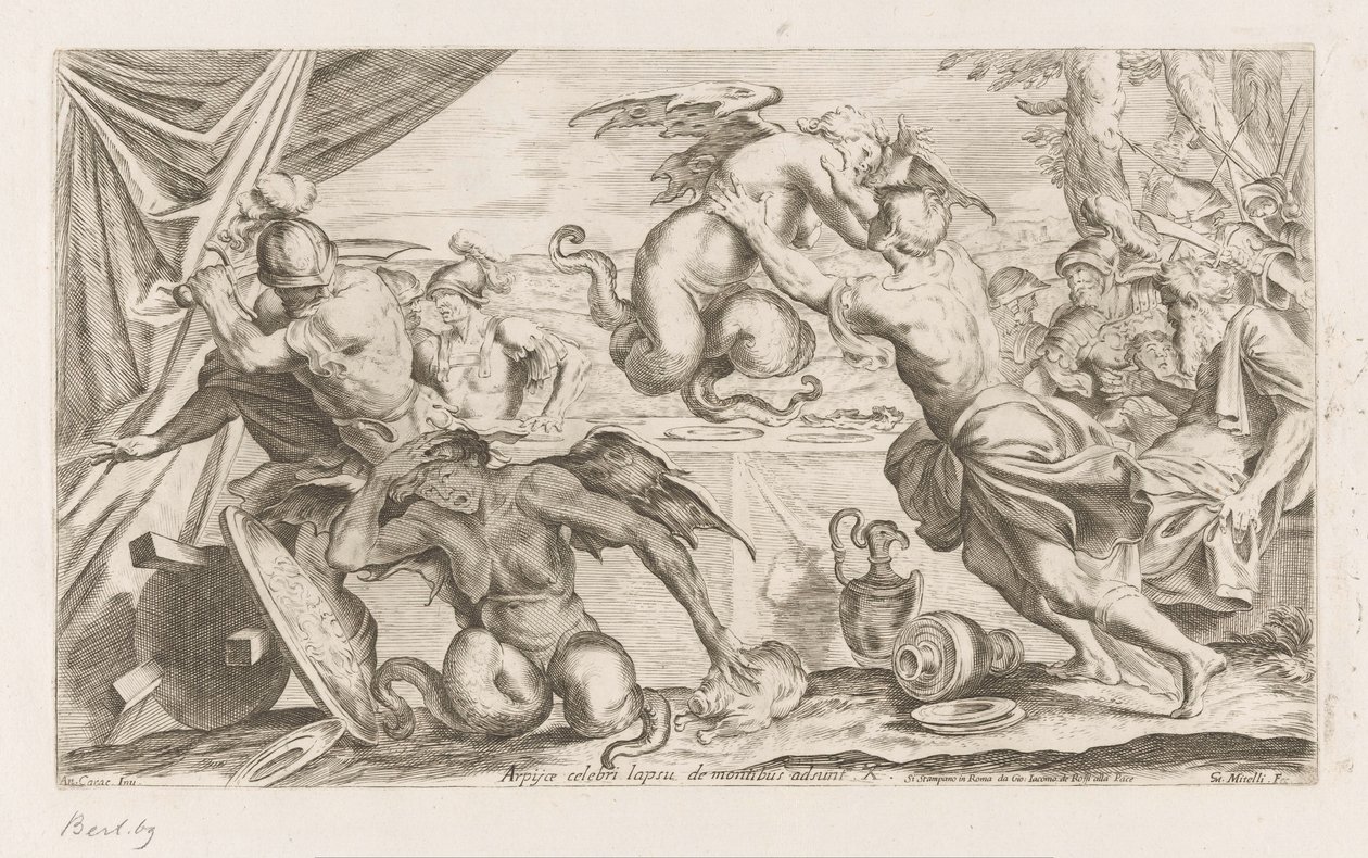 Eneas y sus compañeros luchan contra las Arpías. Arpijae celebri lapsu de montibus adsunt (título sobre objeto) Andanzas de Eneas (título de la serie) L