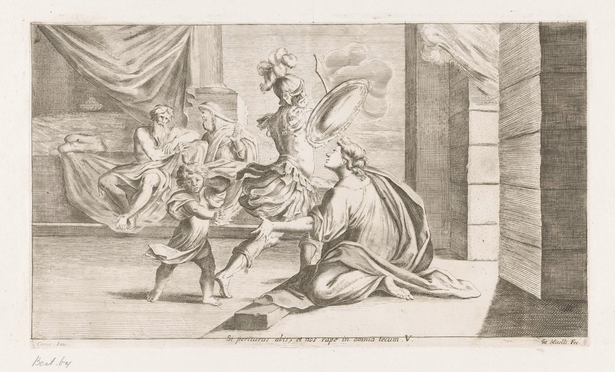 Eneas parte voor de strijd Si estás a punto de perecer, irás y nos arrebatarás en todas las cosas (título sobre el objeto) Omzwervingen van Aeneas (título de la serie) Pintura de L
