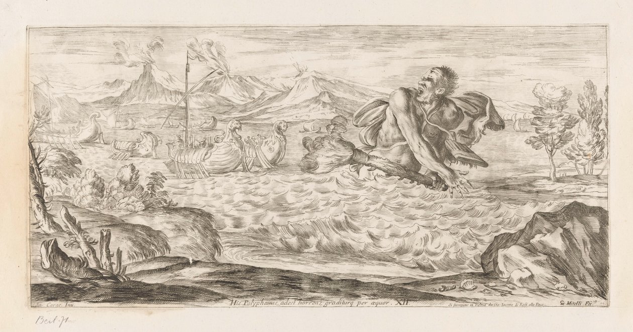 Polifemo achtervolgt de vloot van Eneas Aquí Polifemo está presente, horrible, caminando a grandes zancadas por la llanura (título del objeto) Omzwervingen van Aeneas (título de la serie) Pintura de L