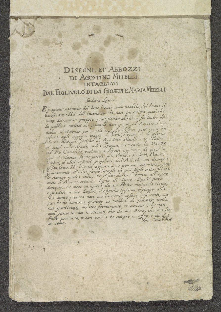 Titelprent met voorwoord en opdracht
Ornamenten (título de la serie)
Disegni, et Abbozzi di Agostino Mitelli Intagliati Dal Figluolo di Lui Gioseppe Maria Mitelli (título de la serie en el objeto) de Giuseppe Maria Mitelli