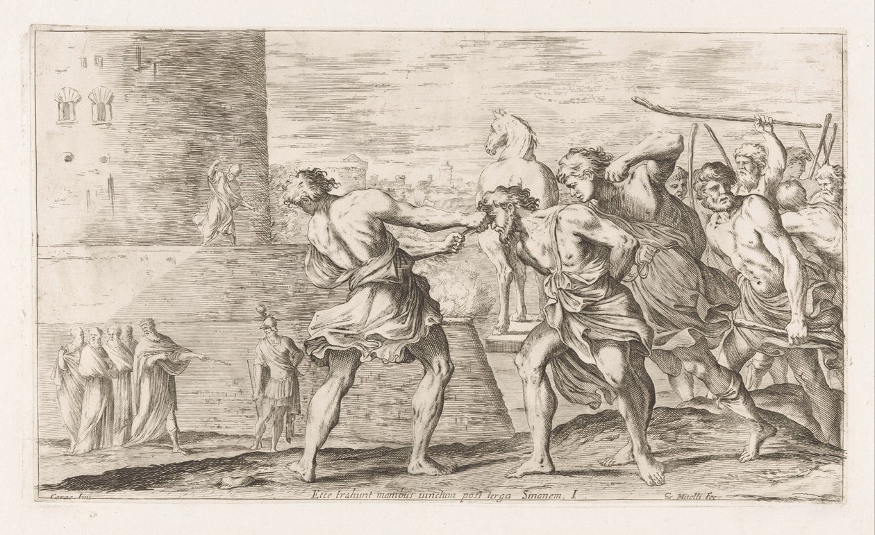 Si los troyanos no fueran capturados He aquí, entregan a Sinon con las manos atadas a la espalda (título sobre el objeto) Omzwervingen van Aeneas (título de la serie) Pintura de L