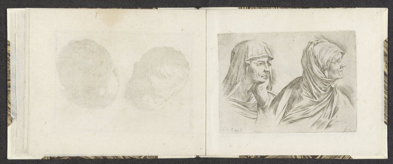 Dos bustos de mujeres mayores a la derecha. Ejemplos de dibujo (título de la serie) Mitelli intaglio (título de la serie) de Giuseppe Maria Mitelli