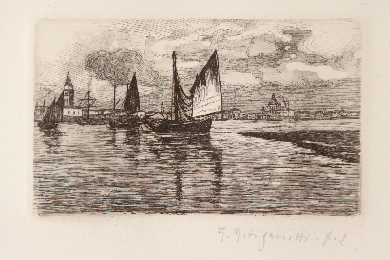 Barcos en la laguna (grabado sobre papel blanco) de Giuseppe Miti Zanetti