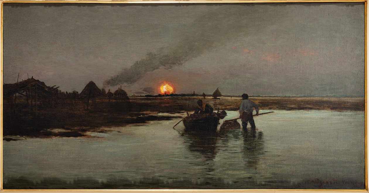 Pesca al atardecer (óleo sobre lienzo) de Giuseppe Miti Zanetti