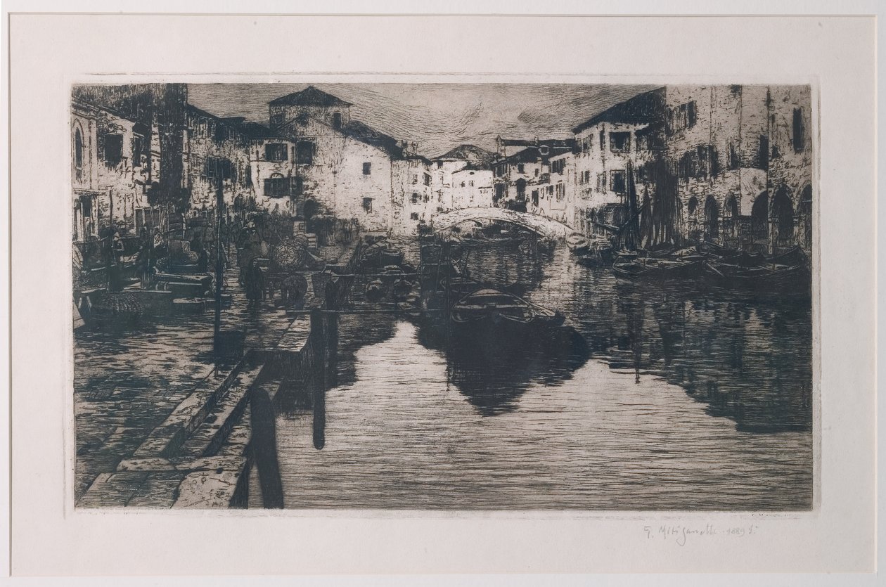 El canal de la lonja en Chioggia (grabado sobre papel blanco) de Giuseppe Miti Zanetti