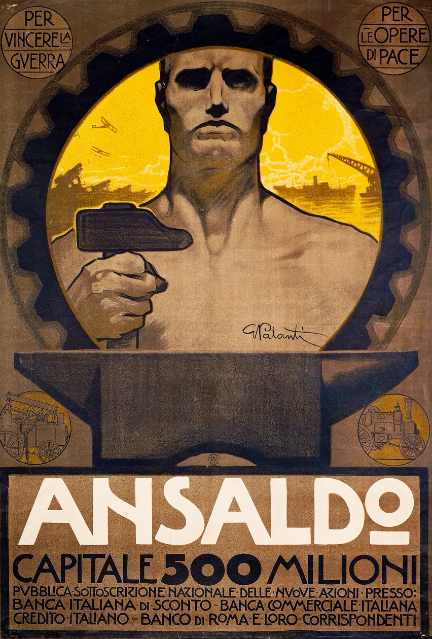 Trabajador con martillo y yunque, cartel de Ansaldo de Génova para la suscripción de nuevas acciones de Giuseppe Palanti