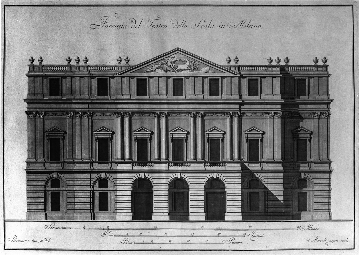 Dibujo de la arquitectura exterior de la fachada del Teatro alla Scala en Milán realizado por Giuseppe Piermarini de Giuseppe Piermarini