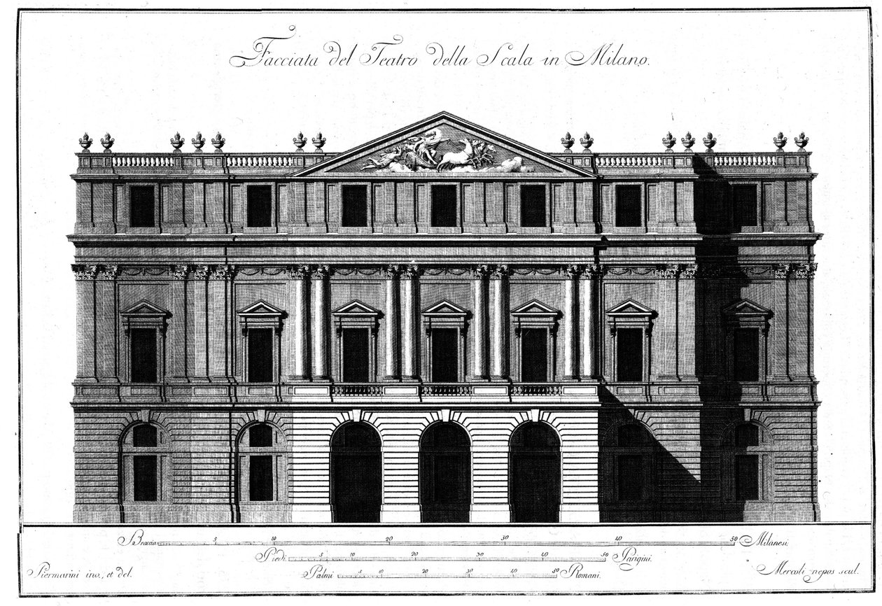 Dibujo de la arquitectura exterior de la fachada del Teatro alla Scala en Milán realizado por Giuseppe Piermarini (1734-1808) de Giuseppe Piermarini