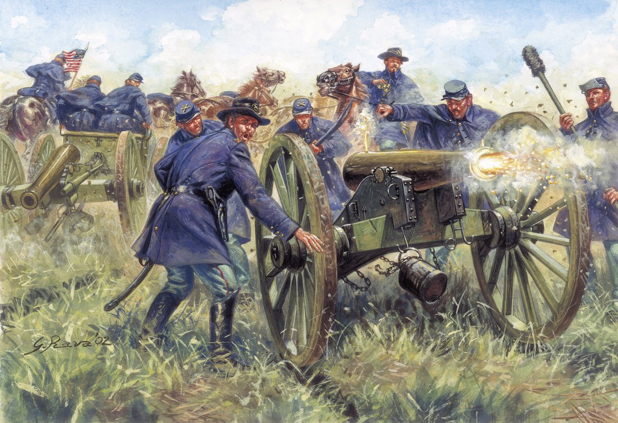 Guerra Civil Americana: Soldados del Norte (Unión) utilizando un cañón durante una batalla - Ilustración de Giuseppe Rava de Giuseppe Rava