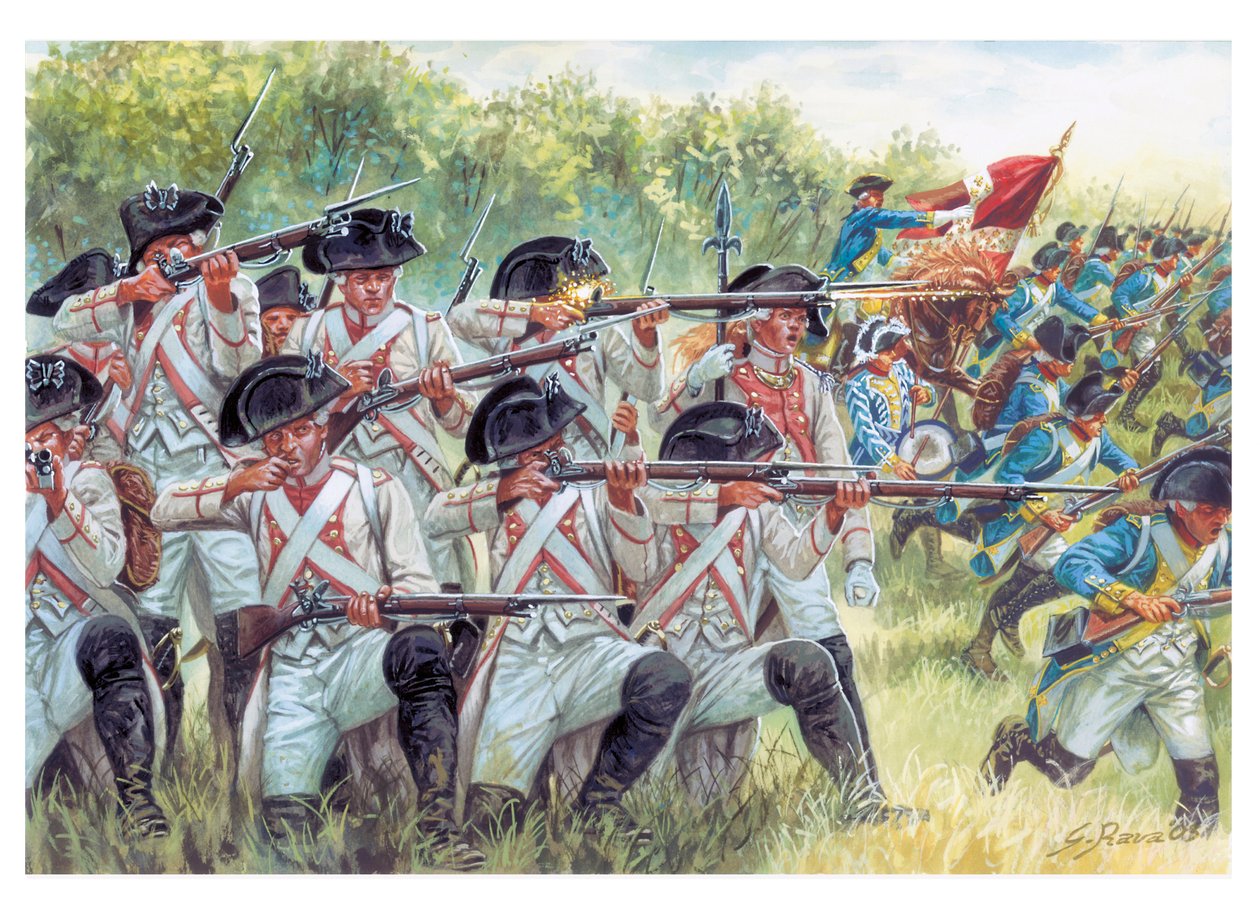 Guerra Revolucionaria Americana: regimientos franceses luchando con americanos - Ilustración de Giuseppe Rava de Giuseppe Rava