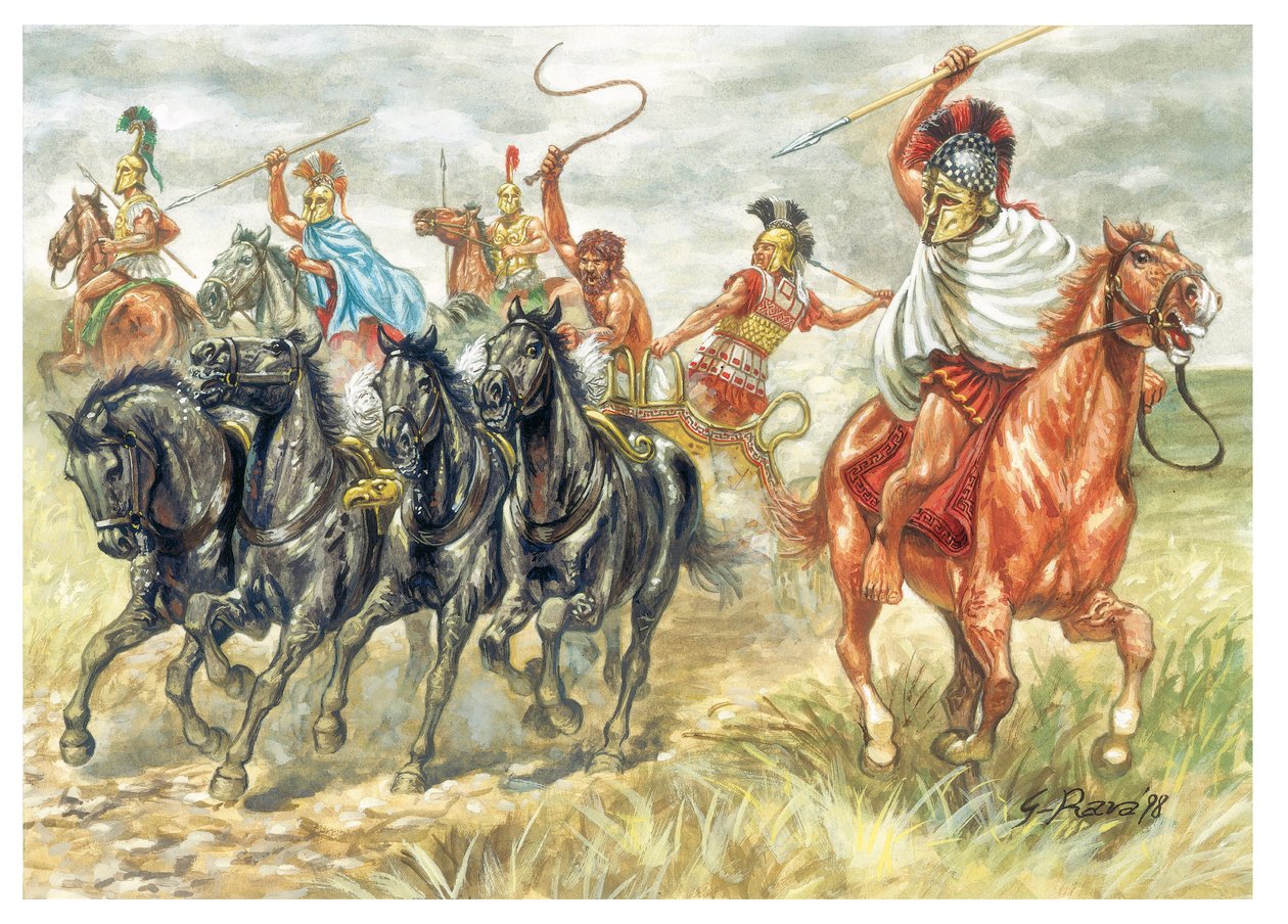 Antigua Grecia: Soldados de caballería griegos y tanque - Grecia antigua: soldados de caballería griegos y char - Ilustración de Giuseppe Rava de Giuseppe Rava