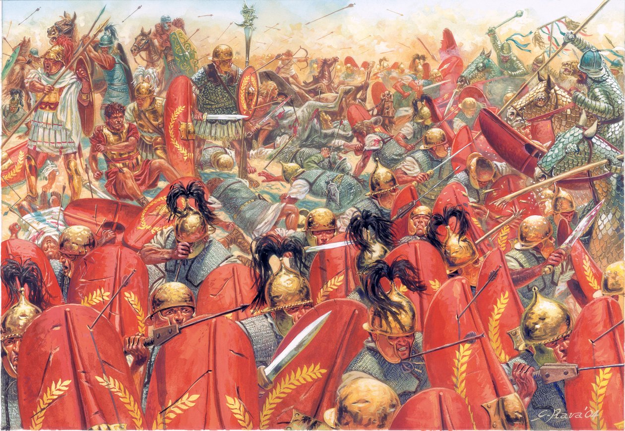 Antigua Roma: la batalla de Carrhes (o Charan) derrota a las legiones romanas al mando del general Craso, por los partos dirigidos por el general Surena el 9 de junio. de Giuseppe Rava