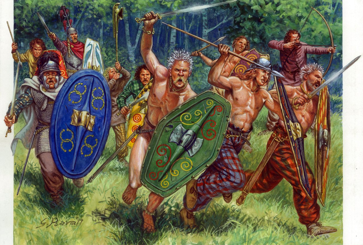 Antiquite: la carga de los guerreros galos, a la izquierda en un punto - Guerreros galos cargando, uno de ellos a la izquierda lleva una cota de malla - Ilustración de Giuseppe Rava de Giuseppe Rava