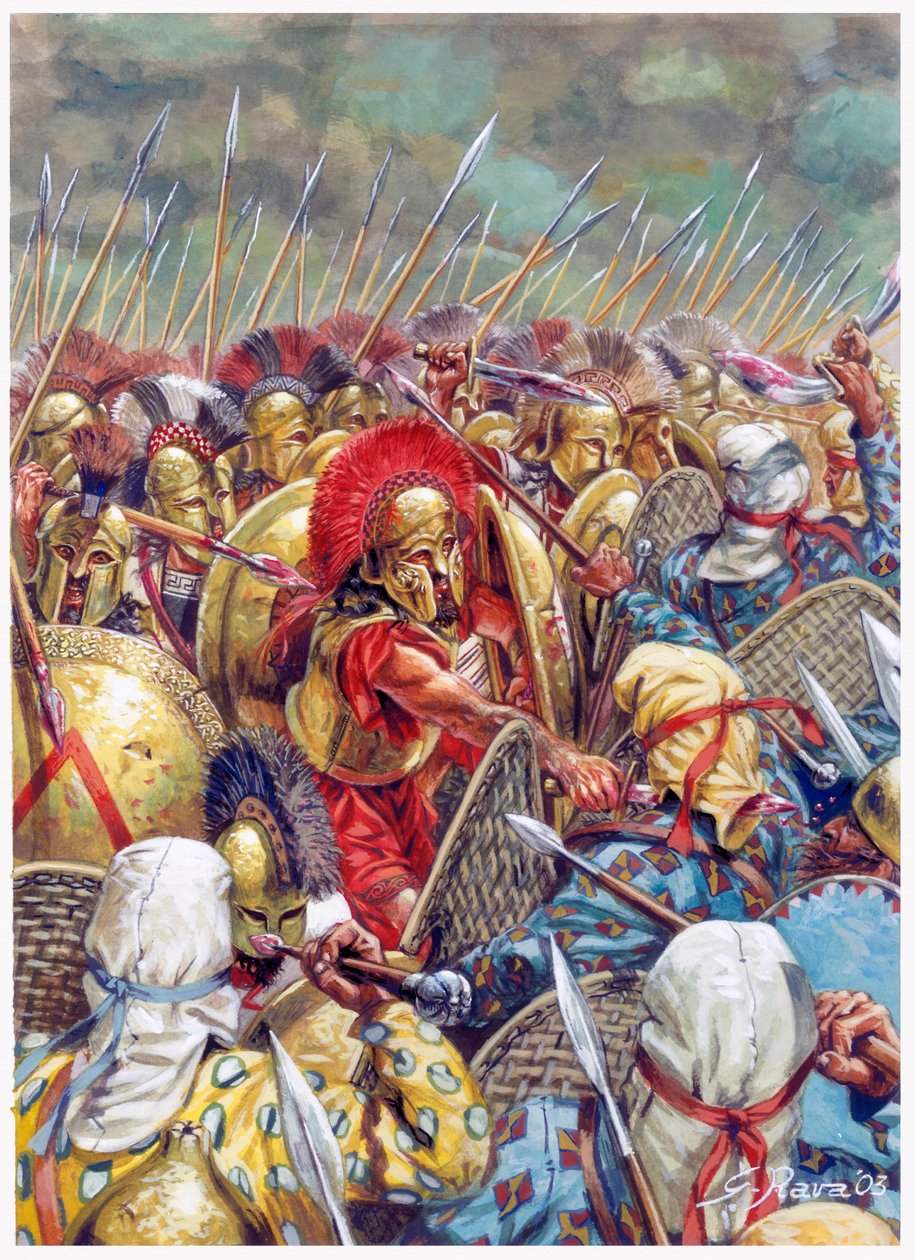 Batalla de las Termópilas: El ejército espartano comandado por Leónidas I luchando junto a los griegos contra los persas en 480 a.C. (Guerras persas/Batalla de las Termópilas 480 a.C. - (El rey espartano Leónidas y sus hombres caen en la batalla) - Ilustra de Giuseppe Rava